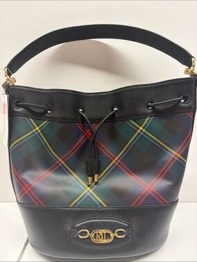 NEW Ralph Lauren Black Trim Multicolor Tartan Drawstring Bucket Bag